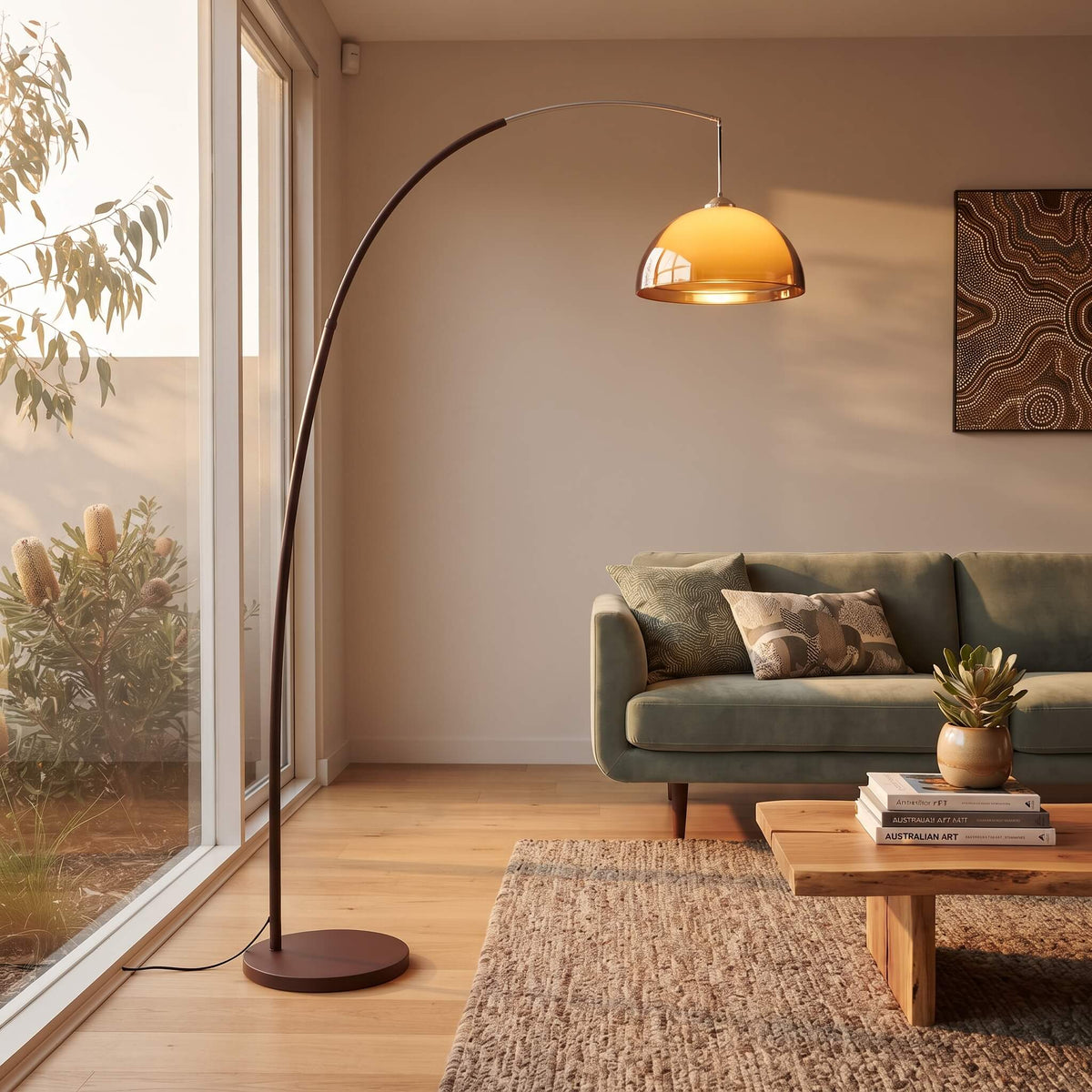Mid Century Floor Lamp Arched, Arc Standing Lamp for Living Room Reading, Remote Dimming, Gold Dome Shade, Designer Floor Light, Merazzia