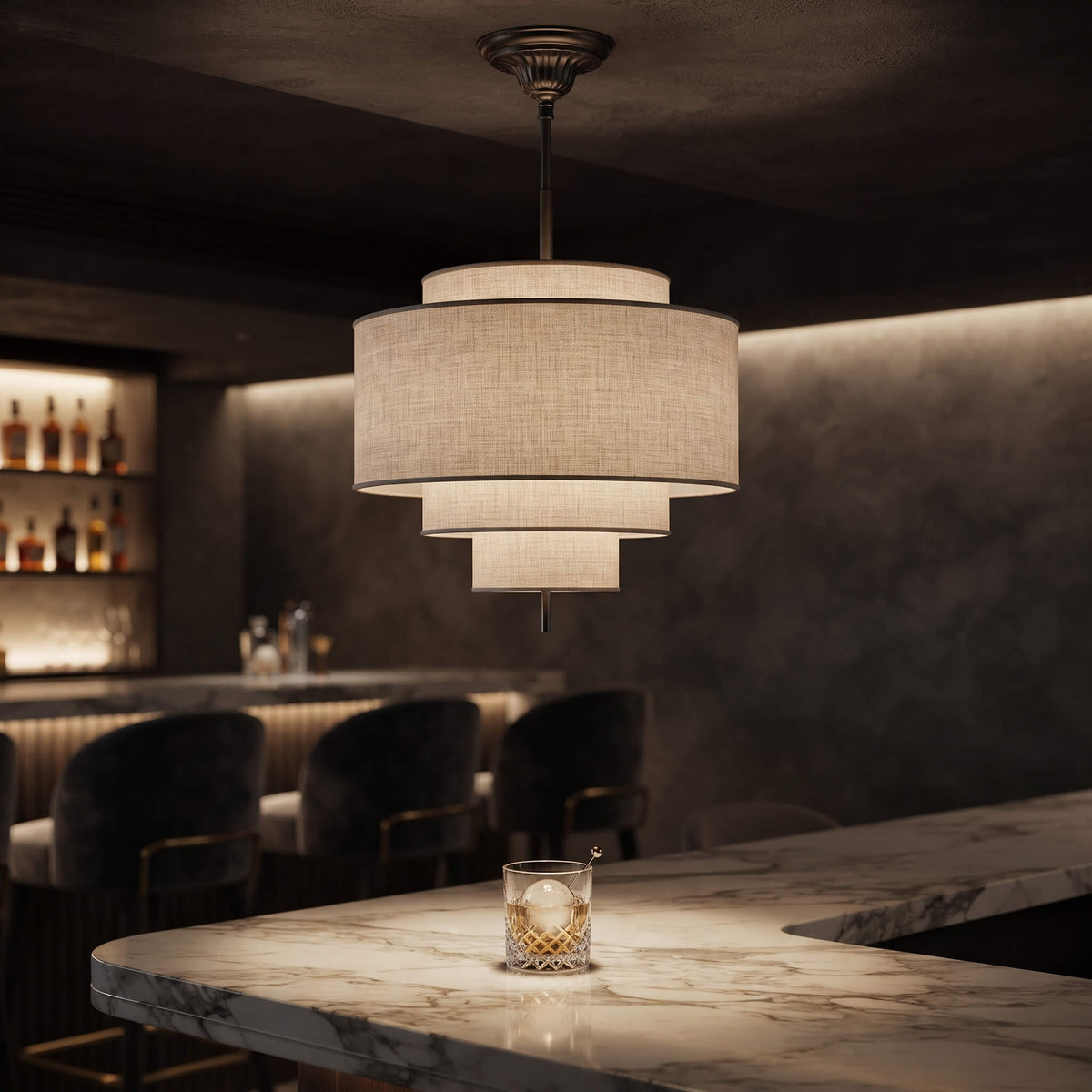 Linen Pendant Light Drum, Fabric Shade Ceiling Pendant for Dining Room and Bedroom, Warm Dimmable Hanging Light, 40cm, Merazzia