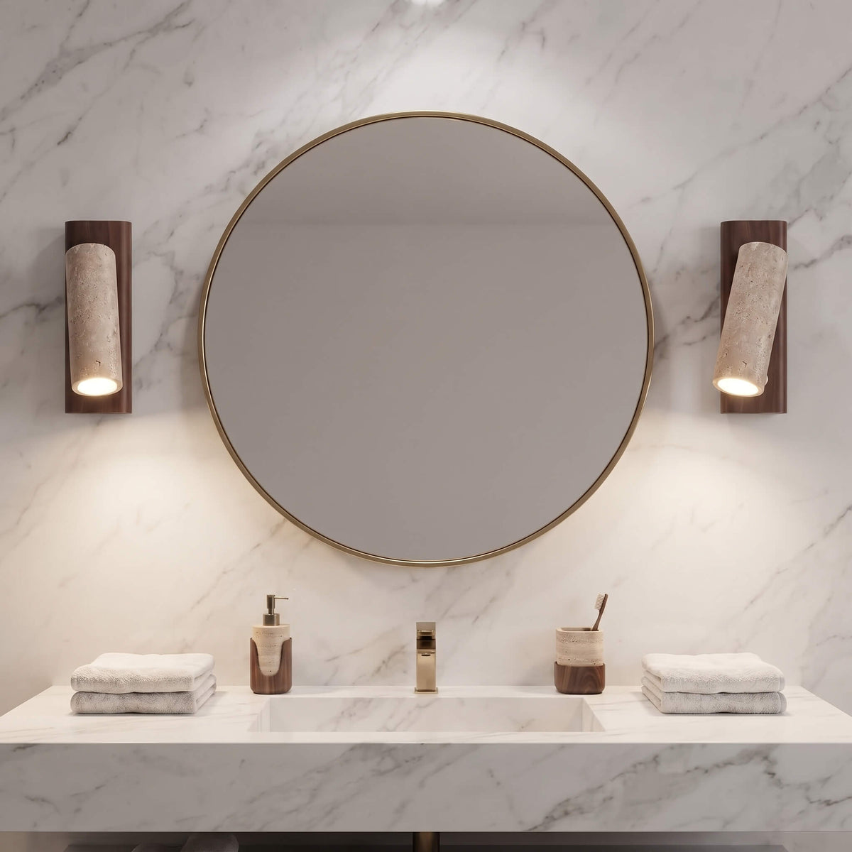 Travertine Wall Light, Wabi Sabi Stone Wall Sconce with Walnut Bracket for Bedroom and Hallway, Rotating Warm White Reading Light, Merazzia