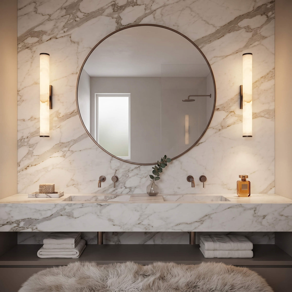 Marble Wall Sconce, Natural Stone Wall Light for Bedside and Hallway, Warm White Indoor Wall Lamp, Copper and Black Frame, Merazzia
