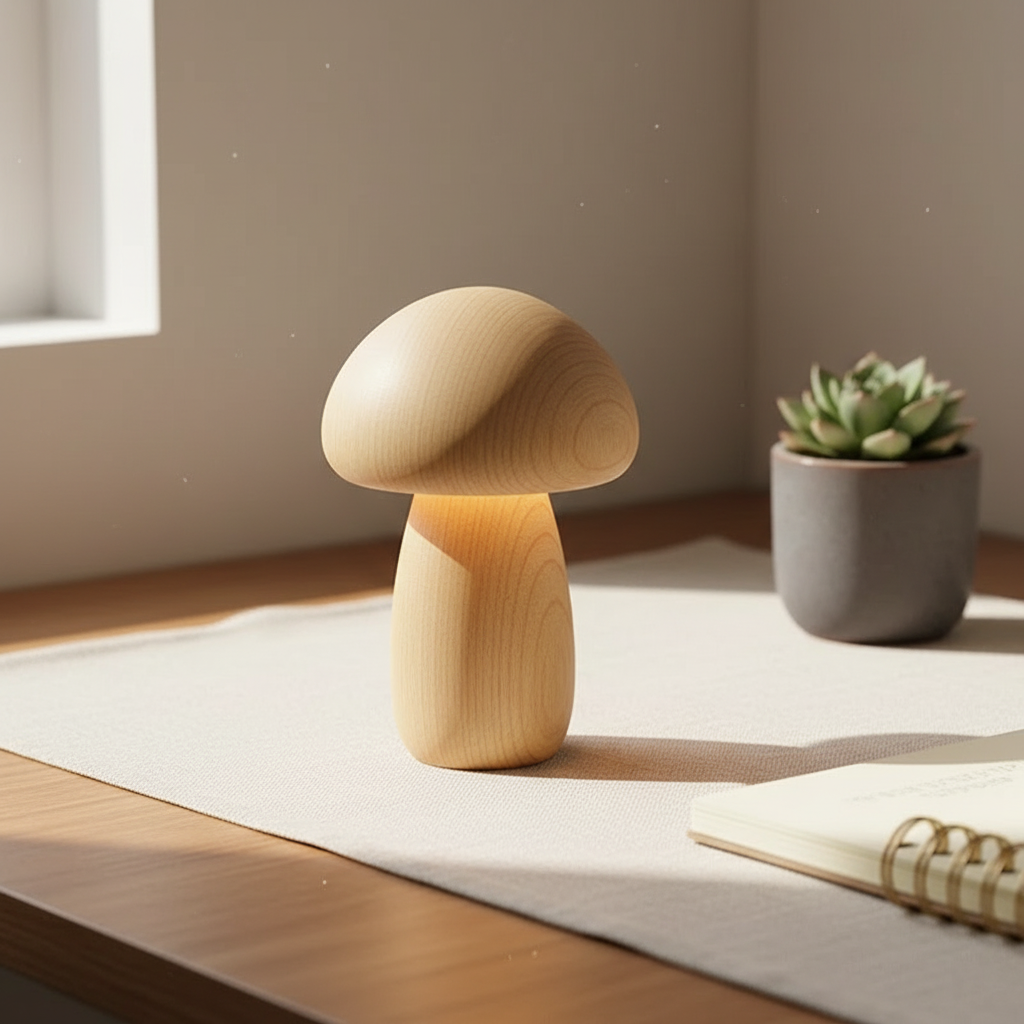 Mushroom Night Light for Bedroom, Solid Wood Bedside Table Lamp, Touch Dimmable Warm LED, Walnut or Beech, USB Rechargeable, Merazzia