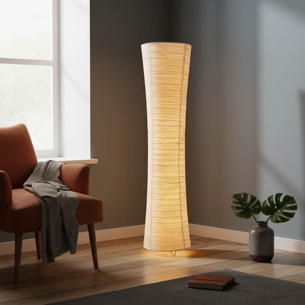 Paper Floor Lamp for Bedroom, Japandi Rice Paper Column Standing Lamp, Remote Dimming, Minimalist Wabi Sabi Floor Light, Merazzia