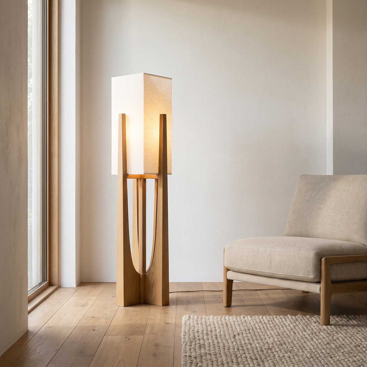 SolaceColumn wooden base floor lamp in a reading corner