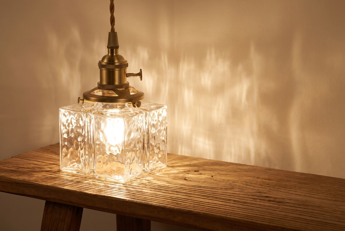 Rippled glass pendant breaking light into soft patterns at night