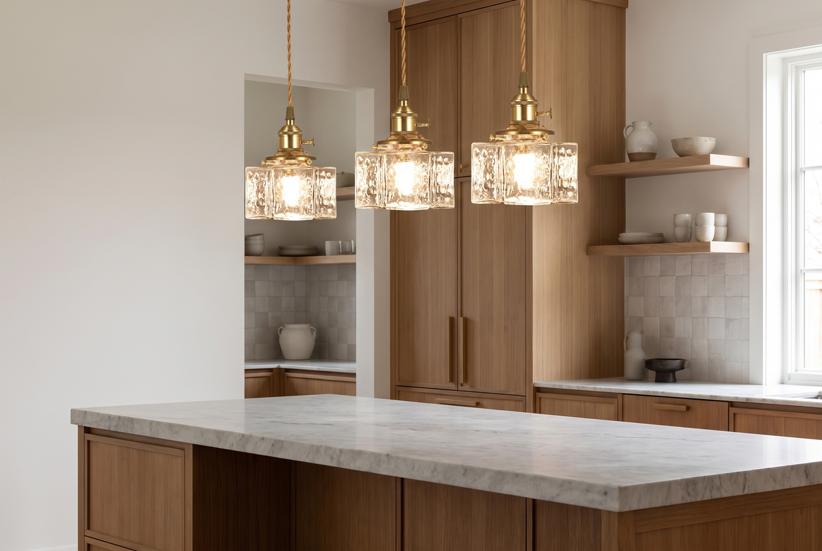 Square hammered glass pendant above a kitchen island