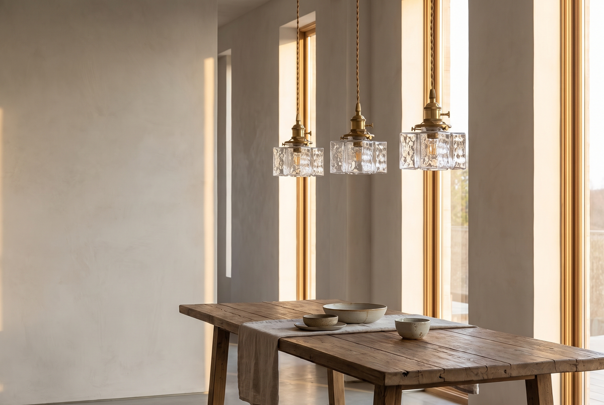 Three square glass pendants hung in a row above a long dining table