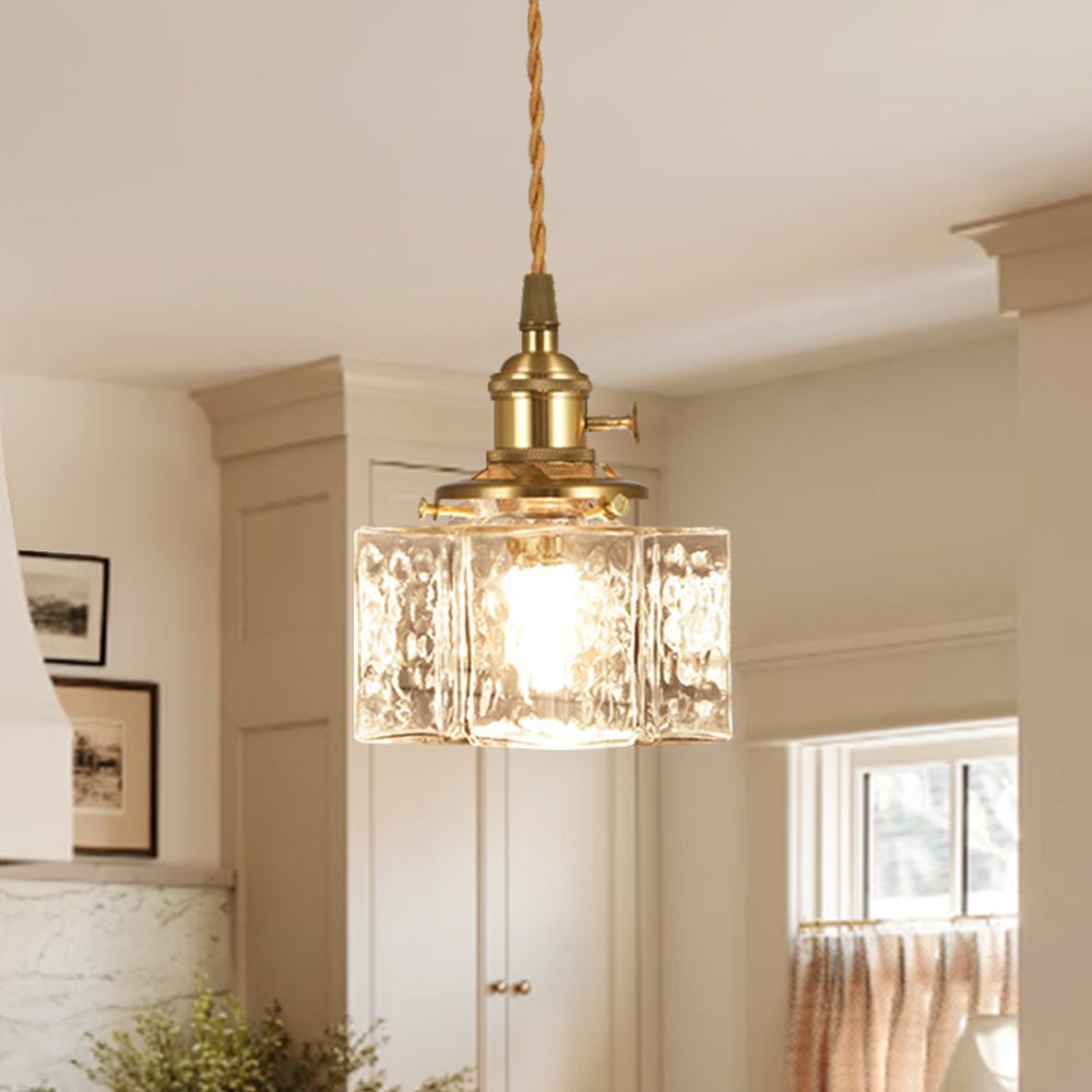 Glass Pendant Light Vintage, Hammered Water Glass Ceiling Pendant for Kitchen Island and Dining, Brass Dimmable E27 Fitting, Merazzia