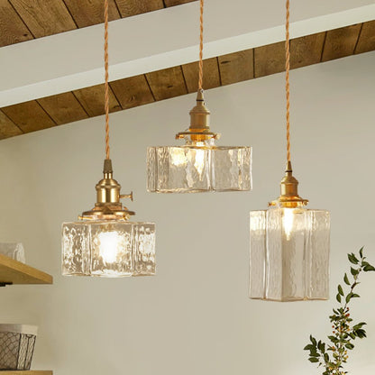 Glass Pendant Light Vintage, Hammered Water Glass Ceiling Pendant for Kitchen Island and Dining, Brass Dimmable E27 Fitting, Merazzia