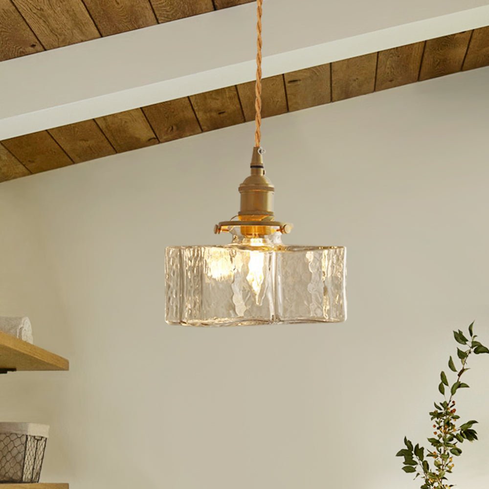 Glass Pendant Light Vintage, Hammered Water Glass Ceiling Pendant for Kitchen Island and Dining, Brass Dimmable E27 Fitting, Merazzia