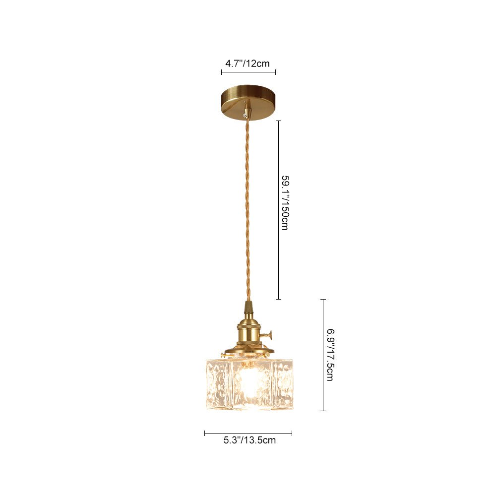 Glass Pendant Light Vintage, Hammered Water Glass Ceiling Pendant for Kitchen Island and Dining, Brass Dimmable E27 Fitting, Merazzia