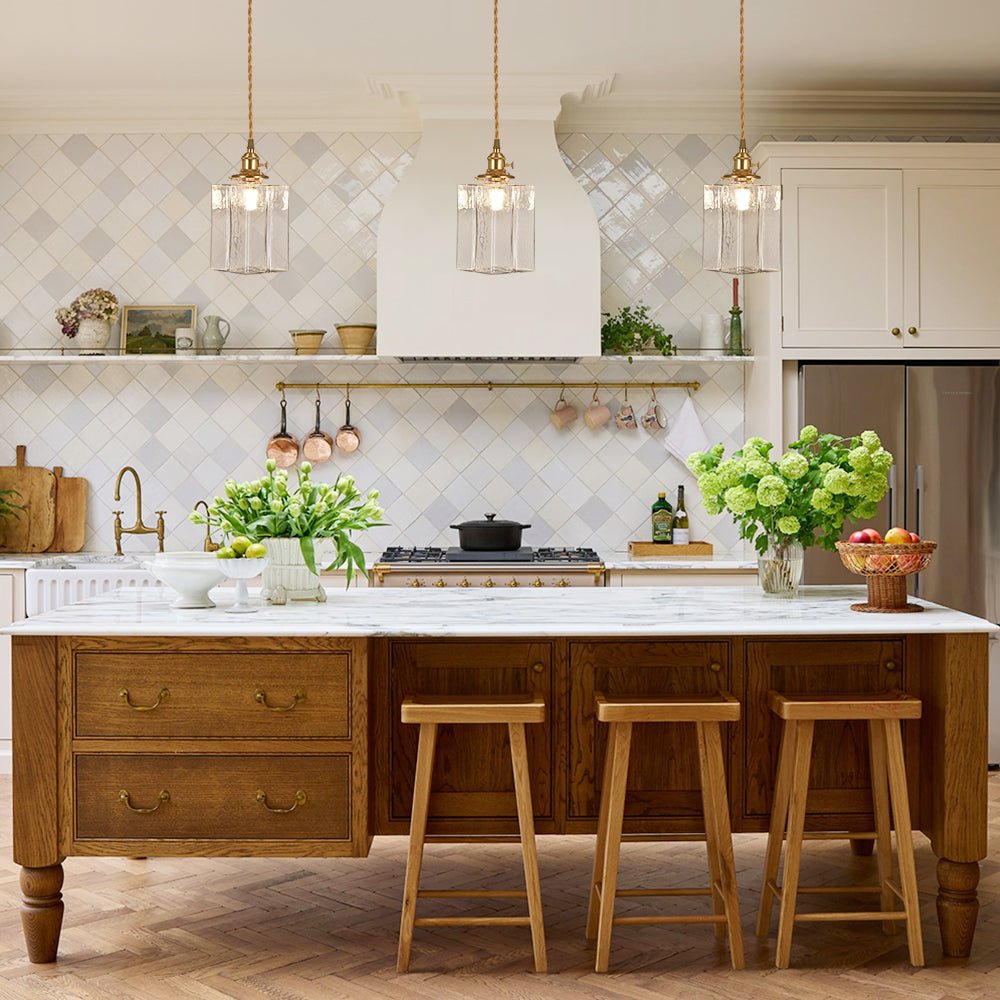 Glass Pendant Light Vintage, Hammered Water Glass Ceiling Pendant for Kitchen Island and Dining, Brass Dimmable E27 Fitting, Merazzia